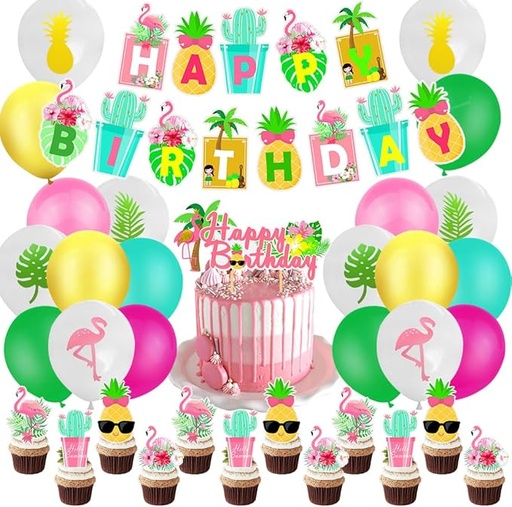 [ITM86493] Job Lot of 9 x One set Firebird Hawaiian Tropical Balloons Set A set of flagBalloon 1 x A happy birthday banner, 20 balloons, 13 cakes plugged in party decorations supplies, wedding, graduation, anniversary