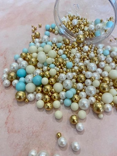 [ITM96399] Job Lot of 50 x Vegan Metallic/Shimmer Balls Edible Cupcake Cake Topper Sprinkles (35g Pouch) (Shimmer Blue, gold, white)